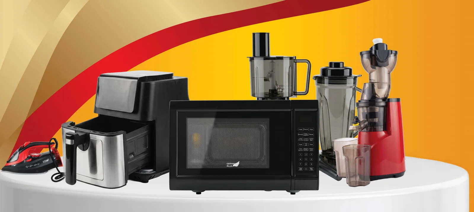 The German Plus range: steam iron, air fryer, microwave, food processor, blender and slow juicer